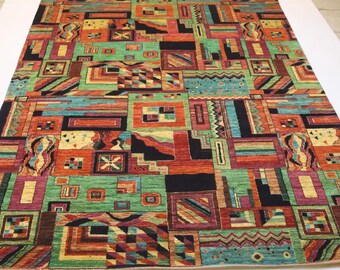 8 x 10 veelkleurig gabbeh-wollen vloerkleed - Afghaans handgeknoopt modern boho-tapijt
