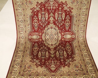 5x7 orientalisk dubbelknuten ullmatta - Röd handknuten medaljong traditionell matta