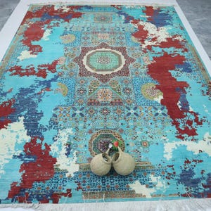 9x12&#39;9 Ft Abstract Mamluk Area Rug, Sky Blue Turkish Hand Knotted Modern Premium Quality Wool Rug, Bedroom Rug, Geometric Rug, Office Rug