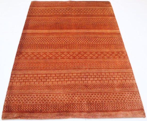 4x6 Gabbeh Rug - Rusty Orange Afghan Handmade Striped Lori Baft Thick Pile Wool Rug - Tribal Rug - Bedroom Rug - Kitchen Rug - Office Rug