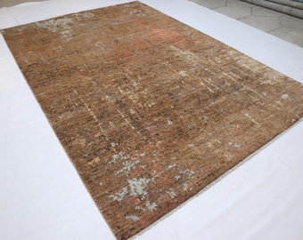 6'4x9'7 Abstract Area Rug - Antique Brown Rug - Afghan Hand Knotted Rug - Silk Touch Wool Rug - Modern Rug - Contemporary Rug - Art Rug