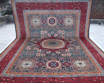 10x14 Ft Mamluk Area Rug, Blue Red Turkish Hand Knotted Geometric Veg Dye Wool Rug, Traditional Rug, Oriental Rug, Oversize Rug, Bedroom Rug