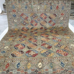 9x12 Ft Ersari Area Rug, Earthy Brown Afghan Hand Knotted Tribal Veg Dye Wool Rug, Gul Motif Rug, Geometric Rug, Living & Dining Room Rug