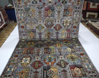 7x10 グレー モリ・ブハララグ、ハンドノットウール、幾何学模様の