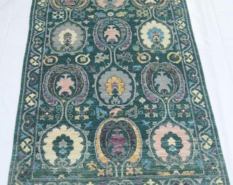 100x150 Smaragd Grüner Suzani Woll Teppich - Afghanischer Handgeknüpfter Boho Teppich