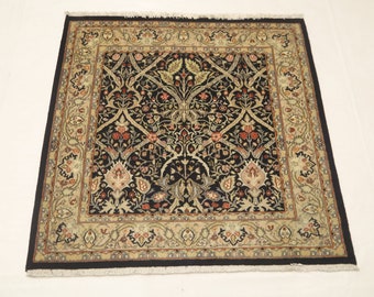 4x4 Black Oriental Square Wool Rug - Floral Hand Knotted Traditional Area Rug
