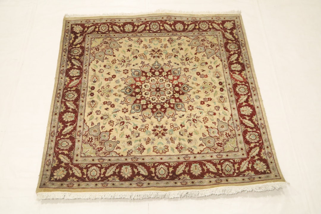 4x4 Ft Oriental Square Area Rug, Beige Hand Knotted Floral Style High ...