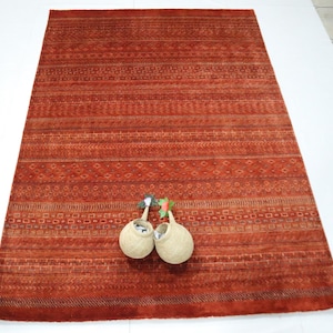 6x8 Ft Gabbeh Area Rug, Orange Rust Rug, Afghan Hand knotted Rug, Plush Wool Rug, Geometric Motif Rug, Tribal Motif Rug, Bedroom Rug, Rugs