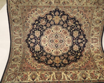 5x5 Oriental Square Area Rug - Dark Blue Persian Style Hand Knotted Medallion High Quality Wool Rug - Entryway Rug - Bedroom Rug - Foyer Rug
