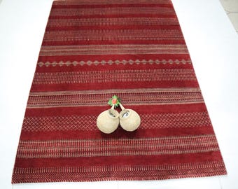 6x8 Striped Gabbeh Wool Rug - Red Afghan Hand Knotted Tribal Area Rug