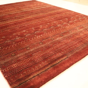 6x8 Tribal Gabbeh Area Rug - Rusty Red Afghan Hand Made Striped Organic Dye Wool Rug - 6x8 Bedroom Rug - Living Room Rug - Dining Room Rug