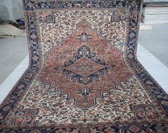 Vintage 8x11 Heriz Low Pile Wool Rug - Terracotta Hand Knotted Medallion Geometric Rug