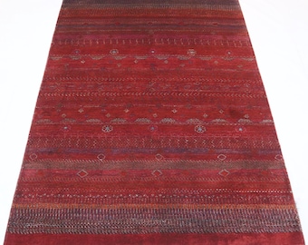 Red 4x6 Hand Knotted Gabbeh Wool Rug - Afghan Striped Tribal Area Rug