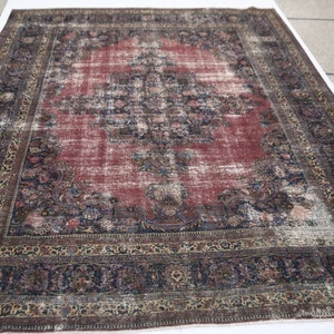 10x13 Faded Kerman Area Rug - Red Vintage Persian Style Handmade Distressed No Pile Wool Rug - Faded Rug - Antique Rug - Neutral Rug