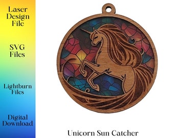 Unicorn Sun Catcher File - Digital Laser Cut File - SVG - Lightburn - DXF - Fantasy - Rainbow Unicorn Laser Cut