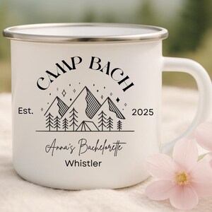 Custom Camp Bachelorette Enamel Mug with Name, Camping Theme Bachelorette Party,Campfire Cup Lake Bridal Party Favor,Lake Bachelorette Gifts