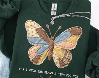 Faux Patchwork Butterfly Christian Sweatshirt,Jeremiah 29:11 Bible Verse Tee,For I Know the Plans I Have for You T-shirt