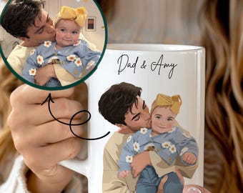 Custom Dad Photo Illustration Mug,Personalized Father Baby Portrait Cup,First Fathers Day Gift,New Dad Birthday Present,Custom Dad Est Mug
