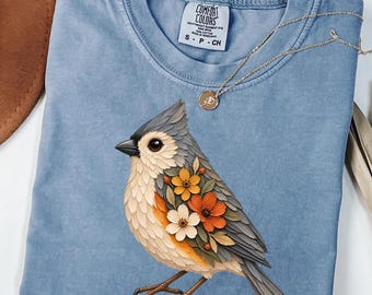 Floral Tufted Titmouse Shirt,Bird Lover Gift,Cottagecore Shirt,Botanical Nature Tee,Birdwatcher Gift for Her,Whimsical Floral Lovers