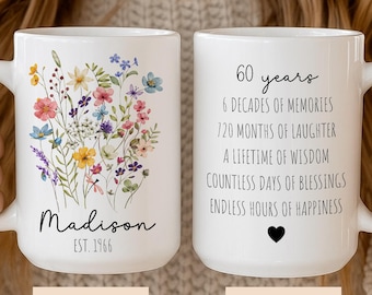 Personalized 60th Birthday Mug for Women, Chapter 60 Mug, Custom Name Floral Mug, Born in 1966 Gift, 60th Milestone Birthday Gift for Her
