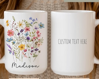 Personalized Wildflower Mug,Custom Name Coffee Cup,Birthday Gift for Her,Mom,best Friend,Christmas Gifts,Customizable Text Mug