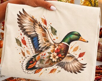Mallard Duck Shirt,Vintage Flying Duck T-Shirt,Fall Nature Lover Gift, Floral Bird Shirt,Duck Lover Gift for Women,Hunting Mama T-Shirt