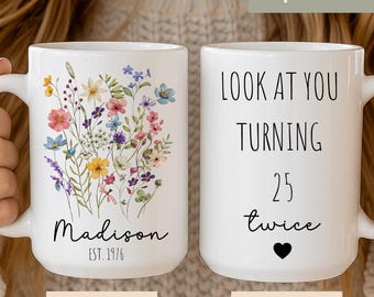 Personalized Wildflower 50th Birthday Mug,1976 Gift for Her, Funny 1976 custom coffee cup,Birthday Present 50th Gift for Sister Mom Daughter