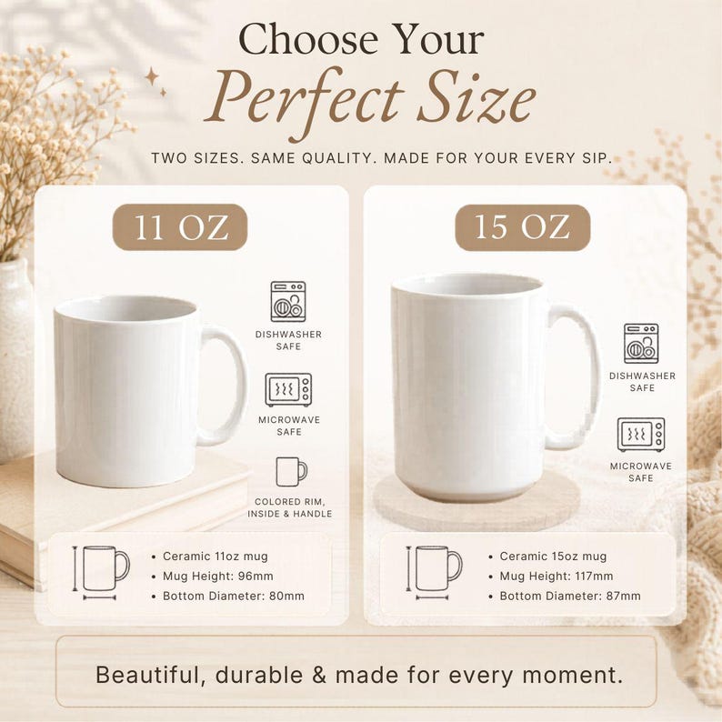 Op de afbeelding: Twee witte keramische mokken, 11 oz en 15 oz, worden getoond met hun afmetingen. De afbeelding bevat de tekst "Kies uw perfecte maat" en "Mooi, duurzaam en gemaakt voor elk moment". De mokken zijn vaatwasser- en magnetronbestendig.