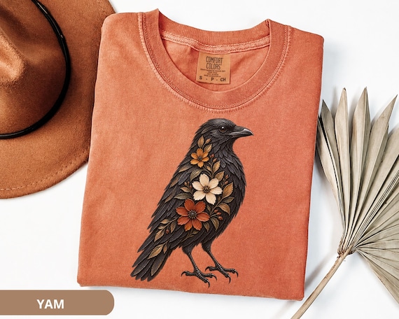 Vintage Raven T Shirt, Gothic Cottagecore Tee, Crow and Floral Graphic Top, Dark Nature Shirt, Witchy Aesthetic Gift, Retro Bird Tee For Her