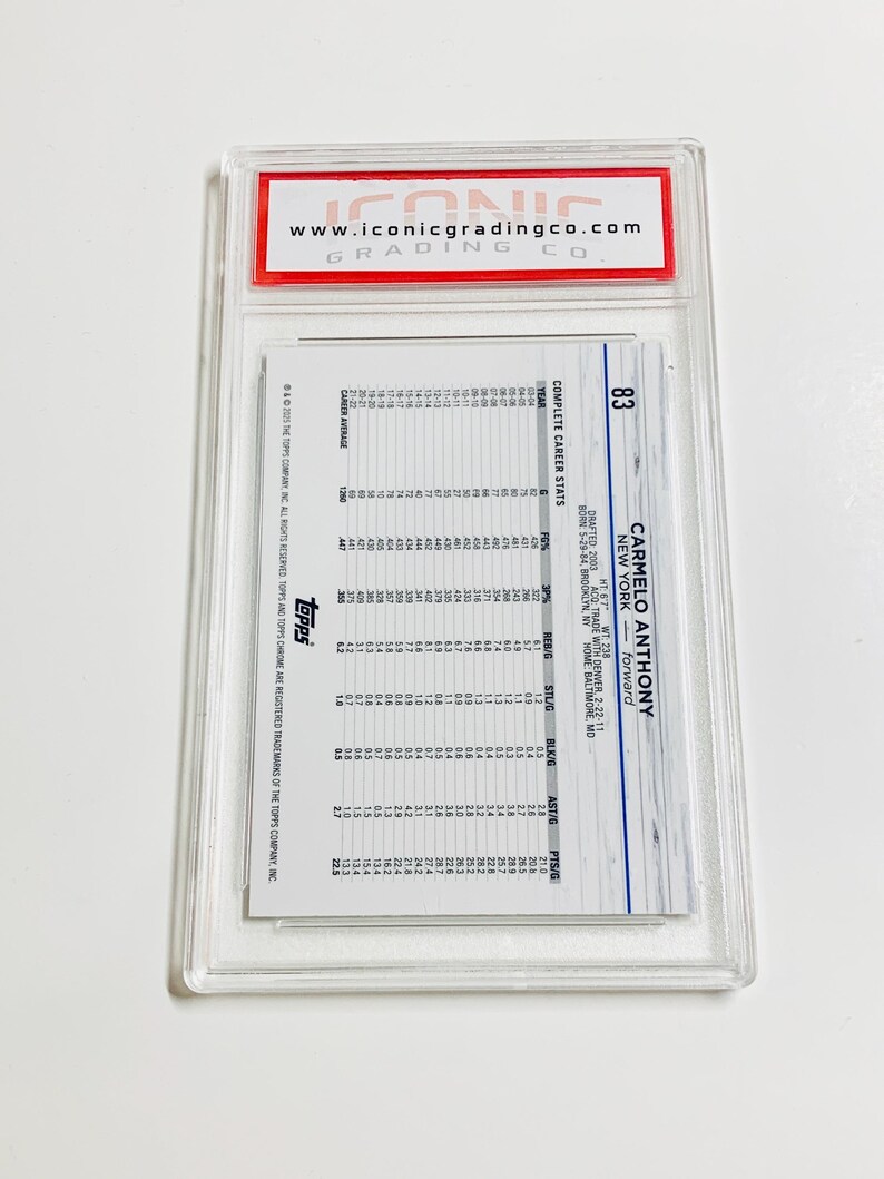 May include: A Carmelo Anthony trading card, graded and encased in a clear plastic holder. The card features player statistics and the Topps logo. The Iconic Grading Co. logo is visible at the top.