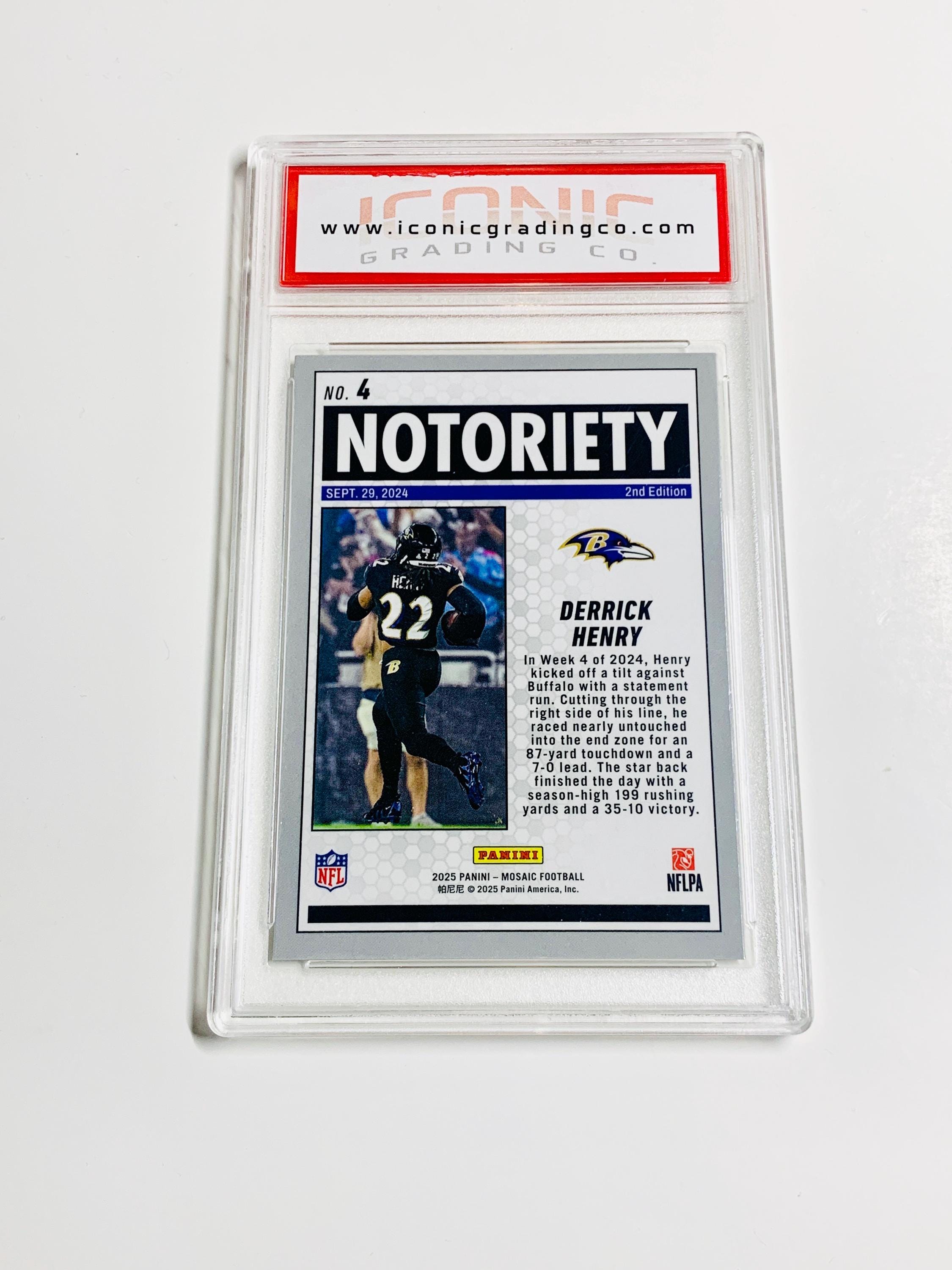 GRADED 10 DERRICK HENRY 2025 Mosaic Notoriety #4 Baltimore Ravens