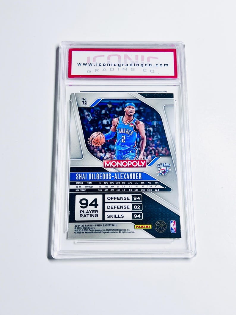 K&ouml;nnte beinhalten: Eine Basketball-Sammelkarte mit Shai Gilgeous-Alexander in einem blauen Thunder-Trikot. Die Karte ist bewertet und in einem Schutzhalter eingeschlossen. Die Karte zeigt Spielerstatistiken, ein "Monopoly"-Logo und die Marke Panini.