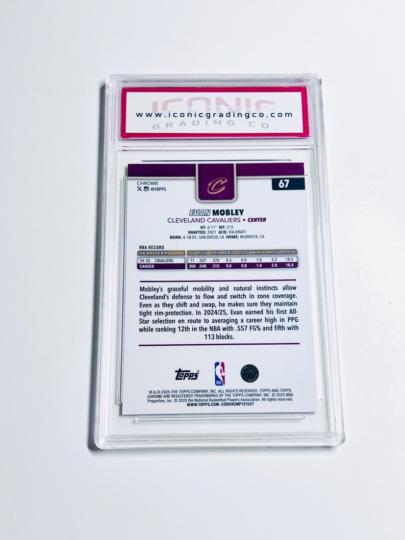 May include: A sports trading card encased in a clear plastic holder. The card features Evan Mobley of the Cleveland Cavaliers. The card has a purple and burgundy design with the Topps and NBA logos. The card is graded by Iconic Grading Co.