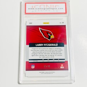 May include: A graded trading card featuring Larry Fitzgerald of the Arizona Cardinals. The card has a red and white design with the team logo and player information. The card is encased in a clear protective holder.