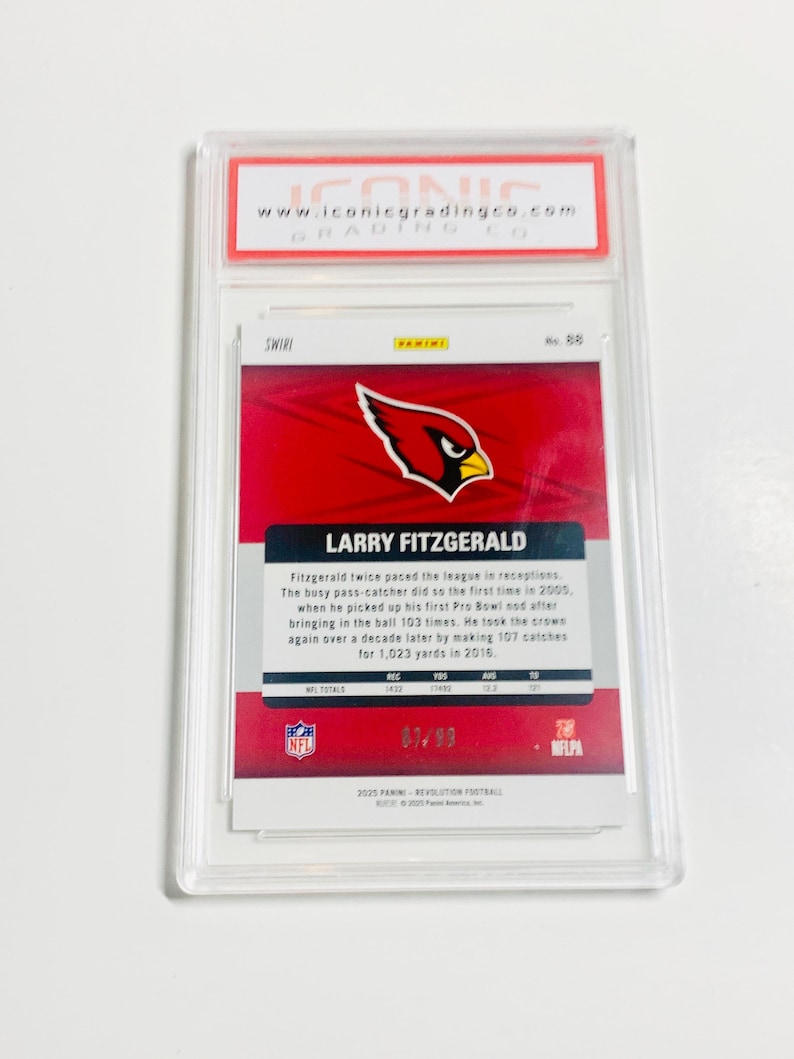 May include: A graded trading card featuring Larry Fitzgerald of the Arizona Cardinals. The card has a red and white design with the team logo and player information. The card is encased in a clear protective holder.
