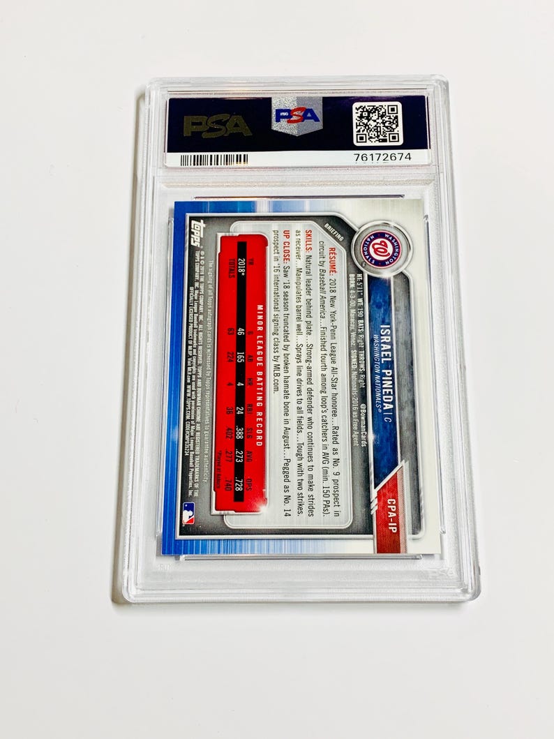 Op de afbeelding: Een honkbalkaart in een doorzichtige plastic hoes. De kaart toont Israel Pineda van de Washington Nationals. De kaart heeft een blauwe rand en bevat statistieken en biografische informatie.