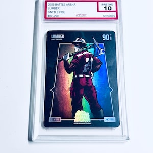 May include: A graded trading card featuring a character named "Lumber" from the "2025 Battle Arena" series. The card shows a figure in maroon and white attire holding a pickaxe. The card is graded "Pristine 10".