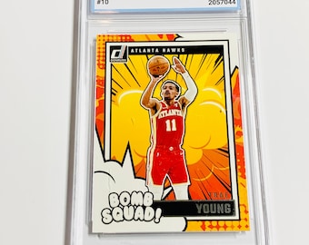 ¡Escuadrón de Bombas Donruss 2024-25 con calificación de TRAE YOUNG! Tarjeta #10 de los Atlanta Hawks, menta