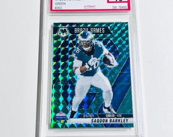 GRADED 10 SAQUON BARKLEY 2025 Mosaic Green Mosaic Prizm #263 “Brazil Games” Philadelphia Eagles Pristine Card