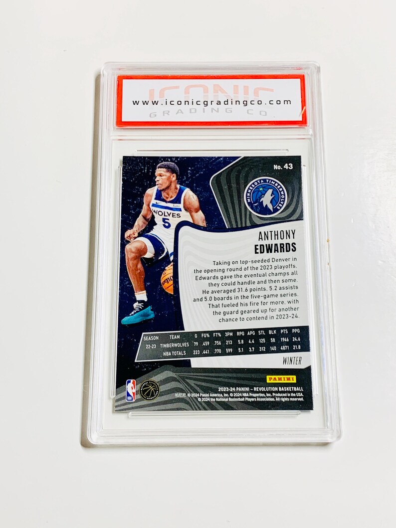 Op de afbeelding: Een basketbal trading card in een doorzichtige beschermhoes. De kaart toont Anthony Edwards van de Minnesota Timberwolves in een blauw en wit uniform. De kaart is beoordeeld door Iconic Grading Co.