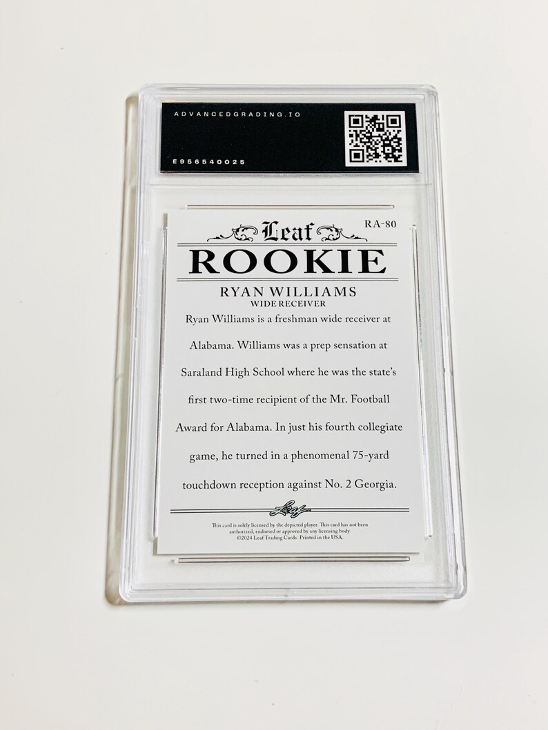 TARJETA DE NOVATO DE LANZAMIENTO ESPECIAL DE RYAN WILLIAMS 2024, GRADO 10, N.° RA80, Rookie Achievement, Alabama Gem Mint imagen 2