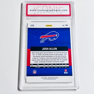 May include: A Josh Allen football trading card, graded by Iconic Grading Co. The card features a blue and red design with the Buffalo Bills logo and player statistics. The card is encased in a clear protective holder.