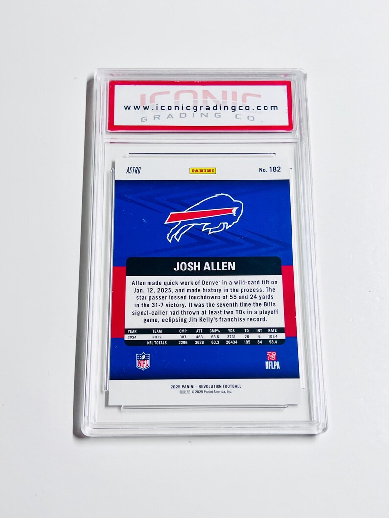May include: A Josh Allen football trading card, graded by Iconic Grading Co. The card features a blue and red design with the Buffalo Bills logo and player statistics. The card is encased in a clear protective holder.