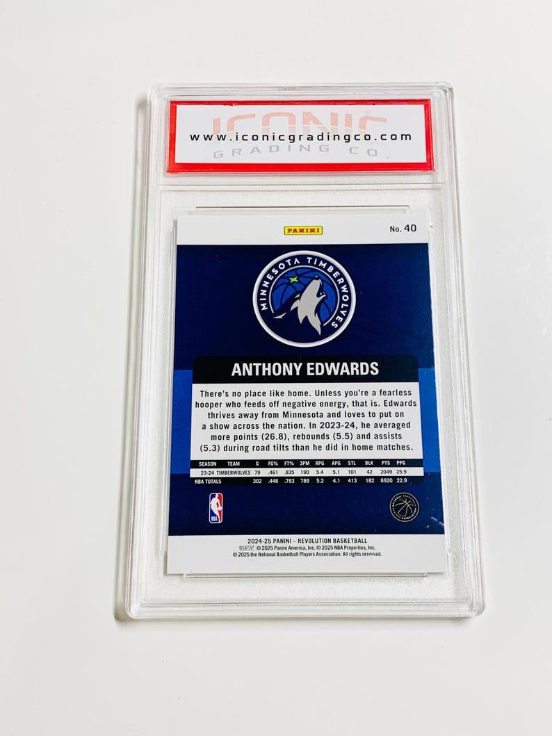 Puede incluir: Una tarjeta de baloncesto de Anthony Edwards calificada en una funda protectora transparente. La tarjeta presenta el logotipo de los Timberwolves de Minnesota y estad&iacute;sticas de jugadores. La parte superior de la funda tiene la direcci&oacute;n del sitio web www.iconicgradingco.com.