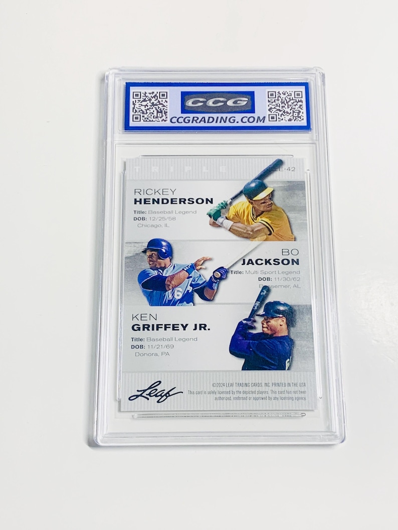 May include: A baseball trading card encased in a clear protective holder. The card features images of Rickey Henderson, Bo Jackson, and Ken Griffey Jr. The card is labeled "Leaf" and includes the CCG grading logo.
