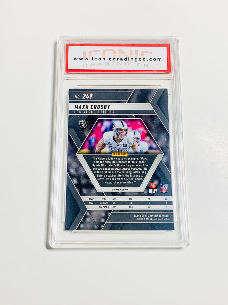 May include: A graded Maxx Crosby Las Vegas Raiders football card. The card is in a clear plastic case with a red and white Iconic Grading Co. label. The card features a photo of Crosby and the text "PRIZM".