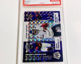 GRADED 10 LAMAR JACKSON 2020 Panini Mosaic Flea Flicker Silver Mosaic Prizm #FF2 Jackson / Ingram / Brown Baltimore Ravens Pristine Card