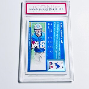 Karta debiutanta ISAAC TeSLAA GRADED 10 2025 Donruss Rated Rookie #338 Detroit Lions PRISTINE Card zdjęcie 2