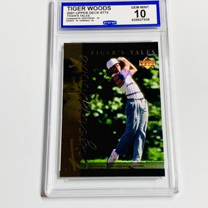 GANG VAN 10 TIGER WOODS Rookie Card 2001 Upper Deck Tiger's Tales #TT5 Golf Gem Mint afbeelding 1
