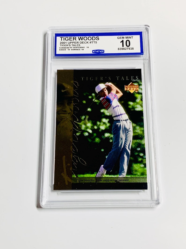 GANG VAN 10 TIGER WOODS Rookie Card 2001 Upper Deck Tiger's Tales #TT5 Golf Gem Mint afbeelding 1